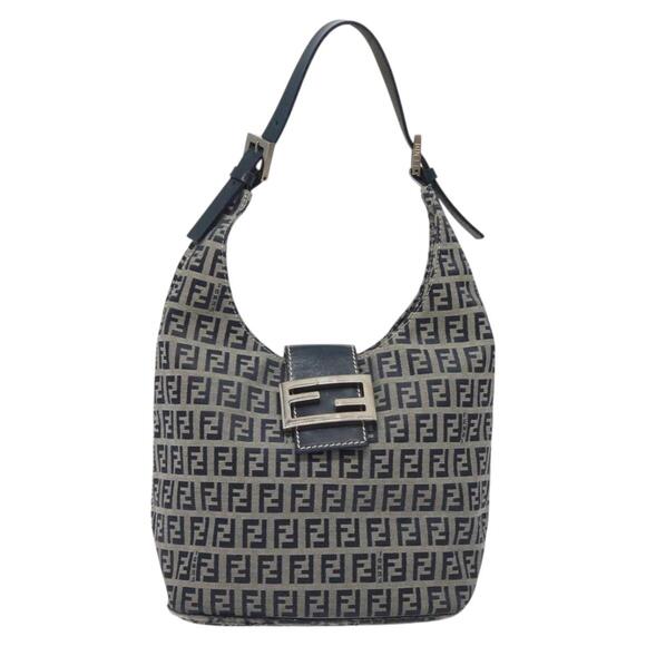 FENDI Zucchino Canvas Shoulder Bag Navy Silver - Picture 2 of 13